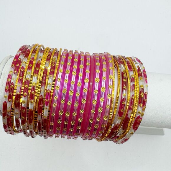 Indian Bollywood Glass Metal Plastic Pink Gold Bangle Bracelet Stack Set Of 32 - Picture 3 of 6